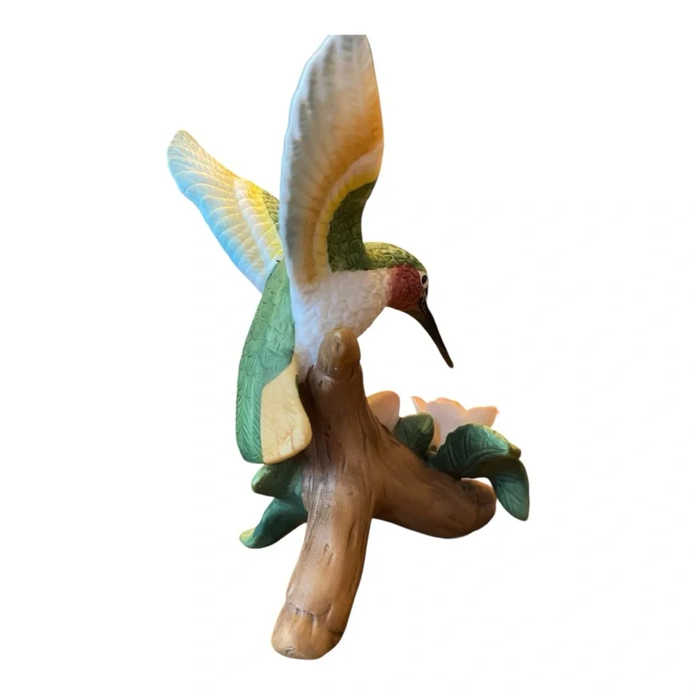Vintage Porcelain Ruby-Throated Hummingbird Flower Figurine